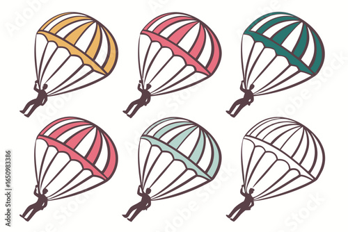Six parachutes with skydivers jumping, isolated on white background