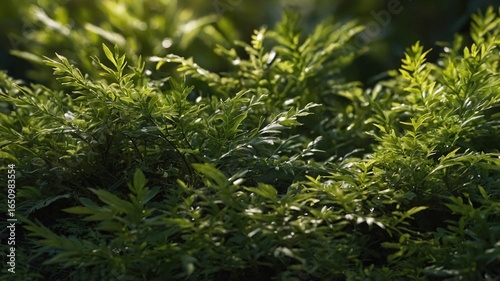 Lush green foliage in soft morning light, creating a serene and calming atmosphere.