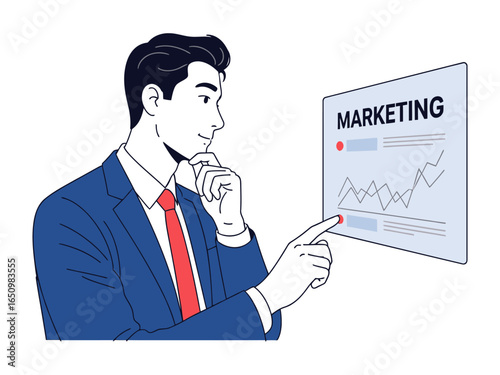 Marketing Strategy: A determined business person, immaculately attired, reviews a market analysis chart, his hand poised, ready to identify the strategy for success.