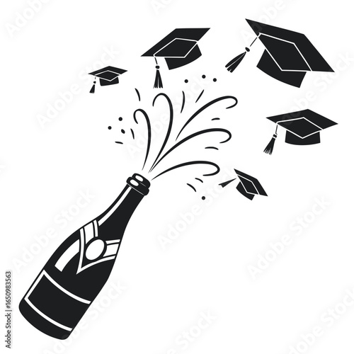 Champagne bottle popping graduation caps celebration