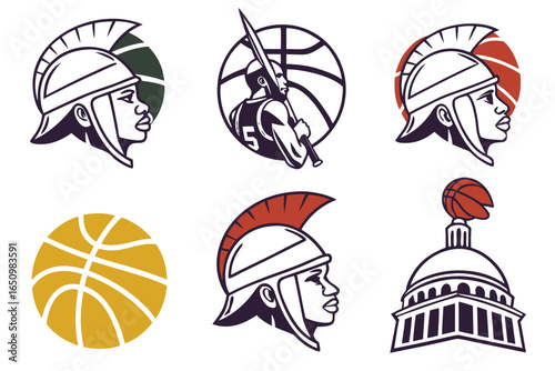 Collection of basketball and spartan warrior helmet logos and icons