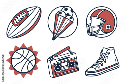 Collection of sports equipment and retro items isolated on white background