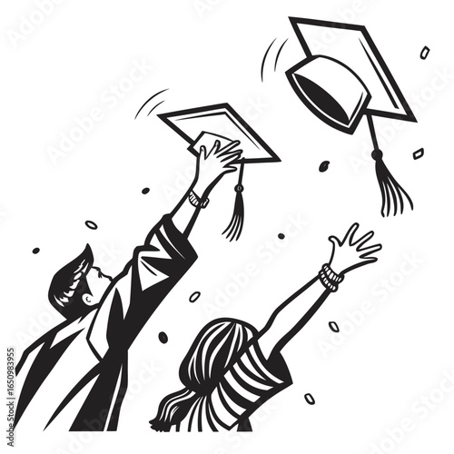 Graduation caps tossed in air tossing students