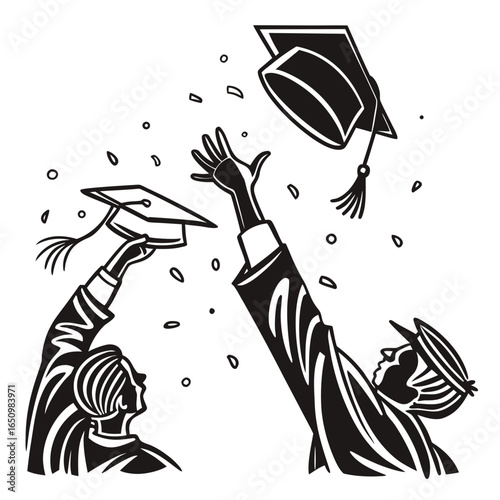 Graduation caps tossed in celebration tossing confetti