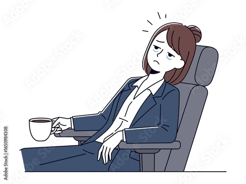 Exhaustion in Office: A businesswoman, overwhelmed with fatigue, leans back in her chair, clutching a coffee cup. The image speaks to a moment of exhaustion and the need for respite.