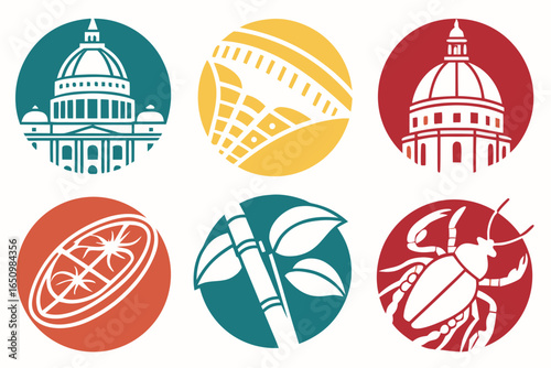 Collection of six circular icons representing government, travel, food, nature, and insects