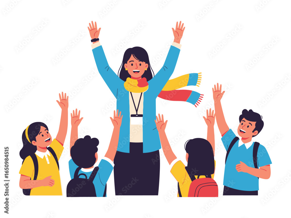 Fototapeta premium Teacher's Inspiring Embrace: An illustration of a teacher standing among excited students, arms raised in an atmosphere of mutual appreciation, hope, and the bright.