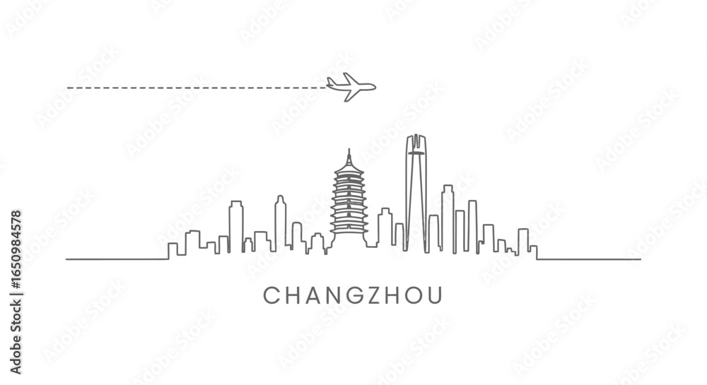 Fototapeta premium Changzhou Skyline with China Plane Over Cityscape.