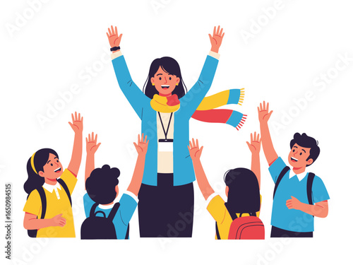 Teacher's Inspiring Embrace: An illustration of a teacher standing among excited students, arms raised in an atmosphere of mutual appreciation, hope, and the bright.