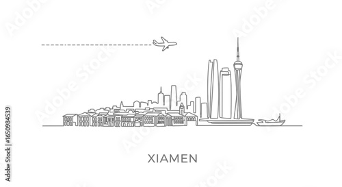 Xiamen Skyline Line Art Vector Cityscape.