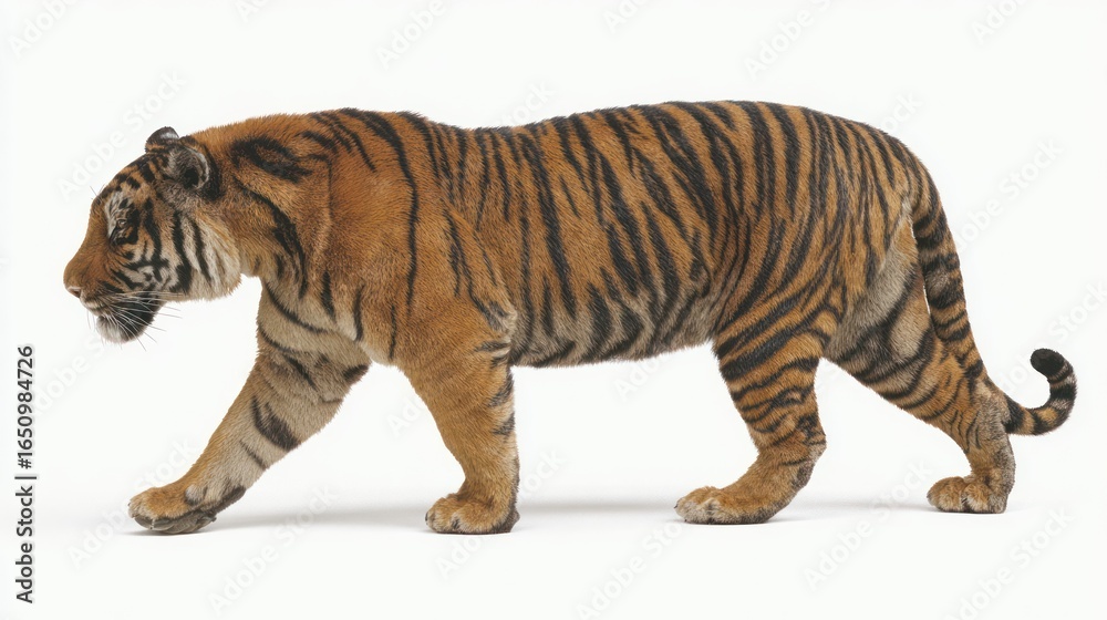Obraz premium A majestic tiger walks left, its orange and black stripes distinct against a white backdrop