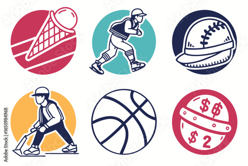 Collection of six circular icons representing sports and activities