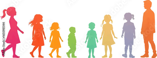 Group of diverse children and parents with colorful silhouettes walking together, isolated on white background