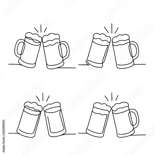 Continuous line art clinking beer mugs toast celebration minimalist drawing