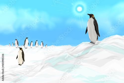 landscape of a group of penguins on a snowy plain