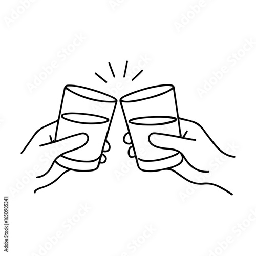 Continuous line art clinking water glasses minimalist hand drawn toast