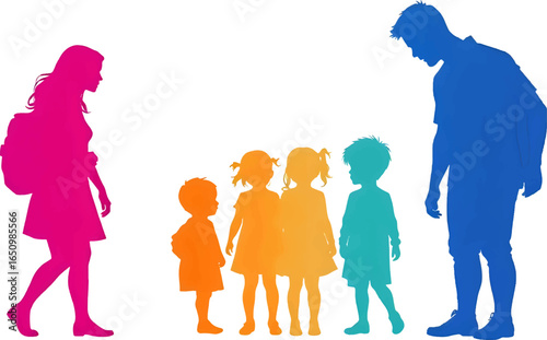 A striking silhouette of a family with children, separated into two groups with parents, isolated on a white background, conveying diverse family dynamics