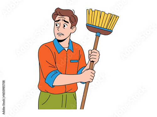 Reluctant Helper: An apprehensive individual is depicted, gripping a broom with a look of concern, illustrating the often-unwanted reality of chores