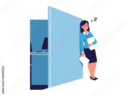 Exhausted worker: a fatigued worker leans against a wall in office while being sleepy. capturing the feeling of work stress and overwork