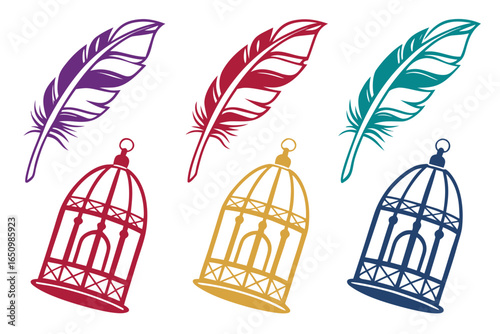 Collection of colorful feathers and ornate bird cages isolated on white background