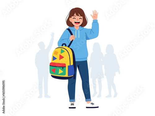 School's Out: A joyful teen waves goodbye, backpack slung over their shoulder. A vibrant illustration captures the excitement of the day's end.