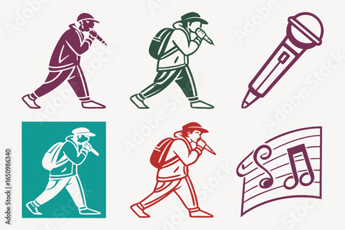Rapper performing with a microphone, hip hop music artist illustration