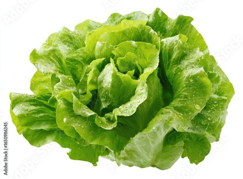 Fresh, vibrant green head of crisp lettuce, showing ruffled, layered leaves, glistening with water droplets