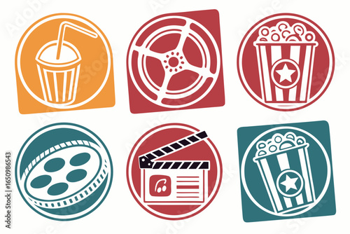 Collection of movie icons including popcorn, drink, reel, and clapperboard