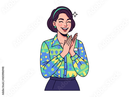 Animated Applause: A cheerful individual, with joyful eyes and animated gestures, gleefully claps in celebration and delight, capturing a moment of appreciation, joy, and gratitude.