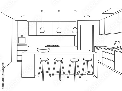 Modern kitchen interior line drawing, Sketches the outline of a contemporary kitchen interior design,Graphic assembly in architecture and interior design work.Kitchen interior vector illustration. 