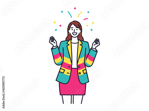 Celebrating Success: A vibrant illustration portrays a woman, radiating confidence and joy, celebrating a personal achievement. She embodies positivity, aspiration, and triumphant goals.