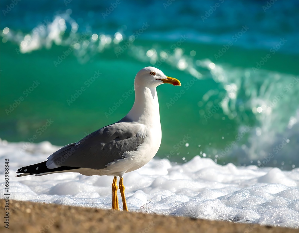 Fototapeta premium Seagull standing gracefully on the beach amidst the crashing waves on a sunny day
