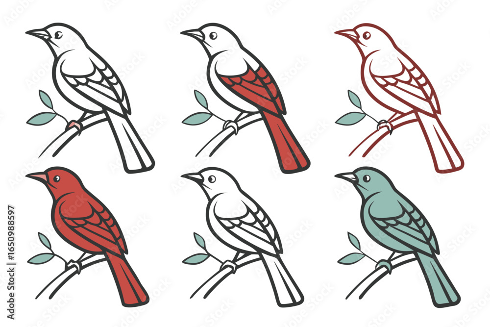 Obraz premium Set of six colorful birds perched on branches, isolated on white background