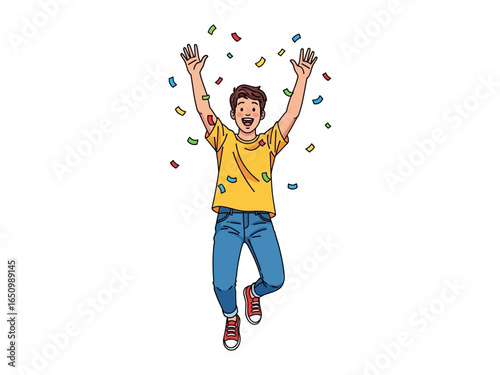 Joyful Celebration with confetti: A young man is radiating joy as he throws his hands up in the air in a vibrant moment surrounded by colorful confetti, representing celebration, triumph.