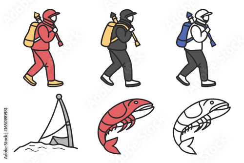Hikers with backpacks and a shrimp illustration