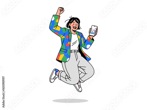 Joyful Digital Embrace: A vibrant illustration captures a woman's sheer delight as she triumphantly leaps, clutching her smartphone.