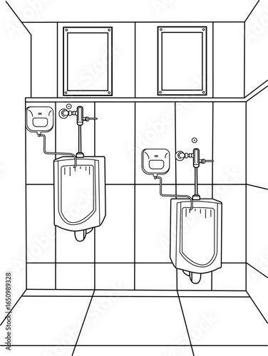 Men's and children room urinals hand drawn line illustration. Modern clean public toilets with tiles. Two urinals in men's bathroom.Men's Urinal Row Vector Illustration