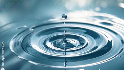 Close-up of a water droplet creating ripples on a calm water surface. Nature and water concept. Liquid and splash. The concept of fluidity and disturbance in water.