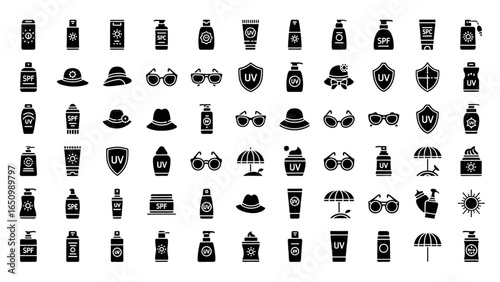 Sun Protection Glyph Icon Set with Sunscreen, Hat, Sunglasses, UV Shield, Beach Umbrella and Skincare Silhouette Symbols
