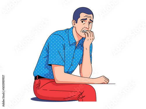 Worried Individual Contemplating: Illustration of a man in a blue shirt with red pants biting nails, lost in thought, his face etched with worry. He sits, possibly at a desk.