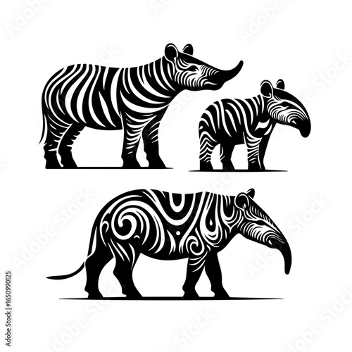 Stylized black and white illustration of a rhino and two tapirs isolated on white background