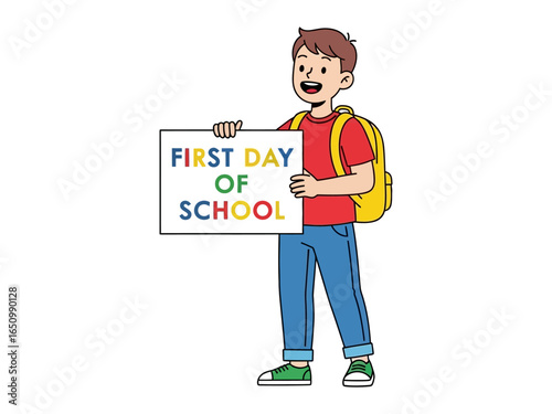 First Day of School: A youthful student enthusiastically clutches a sign announcing the first day of school, their cheerful demeanor and backpack suggest excitement.