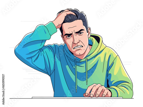 A Moment of Contemplation: A digitally rendered image captures a man deeply engrossed in thought, clutching his head as a wave of complex emotions wash over him.