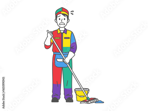 Weary Worker: An animated image of a cleaning worker with mop and bucket, reflecting a day of hard work and commitment to cleanliness.
