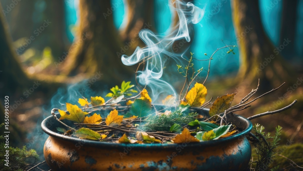 Fototapeta premium A bowl with leaves and twigs emitting smoke in a forest setting. Nature and herbal incense concept. Aromatherapy and spiritual practice. The scene of natural relaxation and herbal brewing.