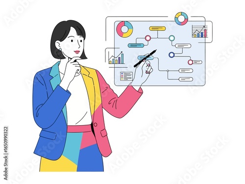 Strategic Planning: A sharp business professional thoughtfully analyzes and presents complex data visualizations on a transparent display, exemplifying decision-making and strategic prowess.