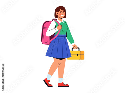 Schoolgirl's Scholarly Stroll: A cheerful schoolgirl strides confidently with a vibrant pink backpack and a yellow briefcase in hand, ready to embrace the day's educational journey.