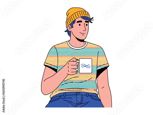Man sipping beverage: A modern individual, adorned in a trendy beanie, indulges in a moment of solace, cradling a warm beverage and radiating serene contentment.