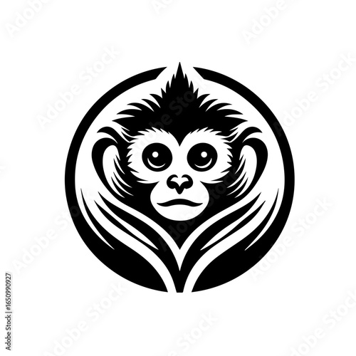 Stylized black and white monkey face logo isolated on white background