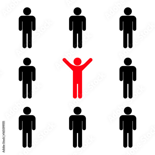 Stand Out from the Crowd. Unique Red Figure Among Black Silhouettes. Vector Illustration. 9 human figures arranged in a grid, with one central figure in bright red raising its arms.